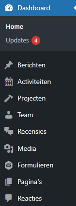 Opties uit de zijbalk van het WordPress beginscherm om content toe te voegen
